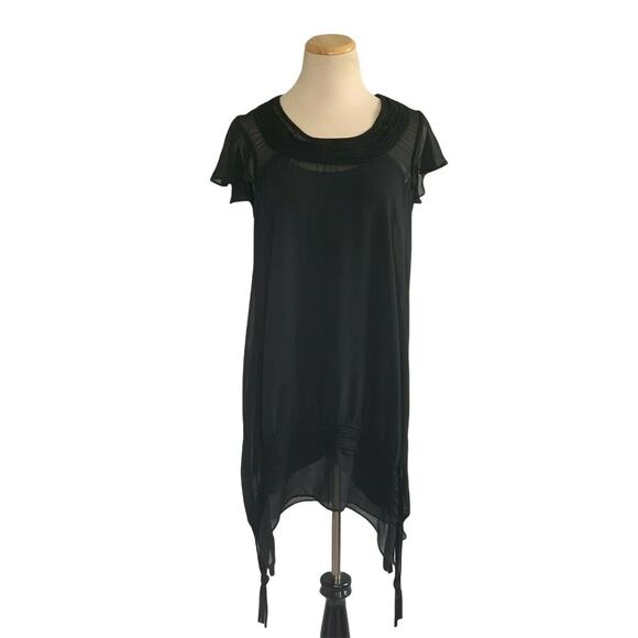 MonoReno Black Boho Chic embroidered drawstring caftan tunic top Blouse M - Picture 1 of 7